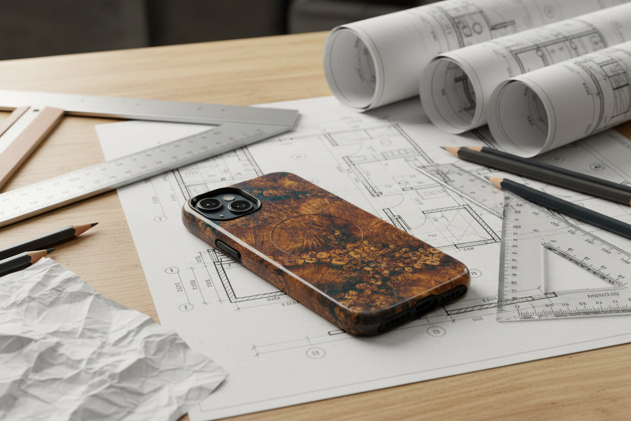 Magnetic iphone case with a natural Burl Wood Design compatible with MagSafe accessories in tough Dual Layer Shell