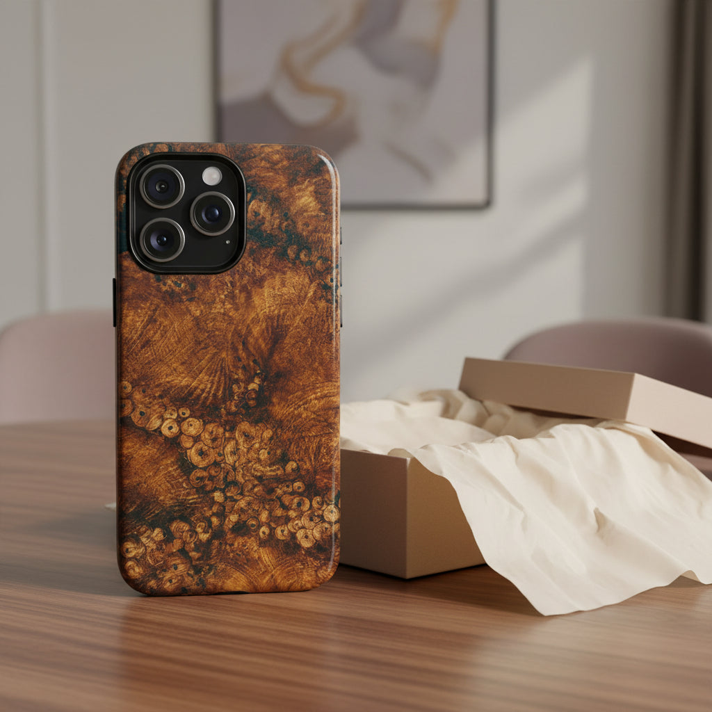 Magnetic iphone case with a natural Burl Wood Design compatible with MagSafe accessories in tough Dual Layer Shell