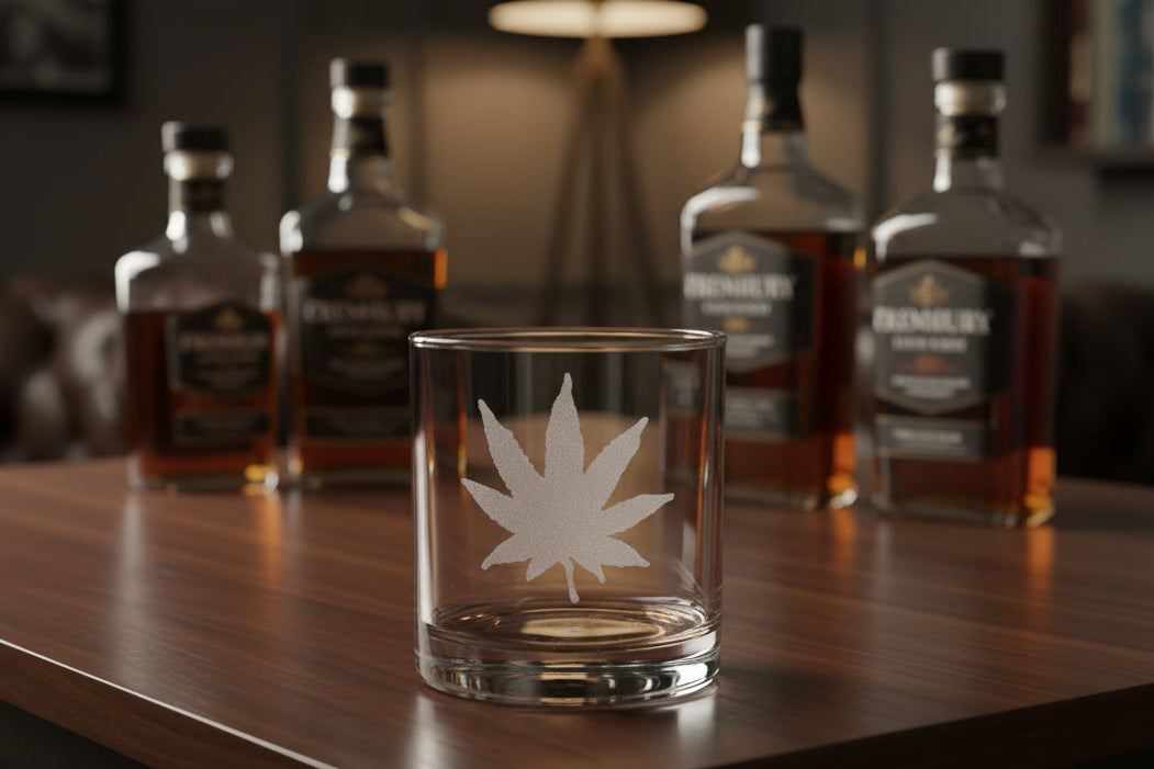 10.5 oz Whiskey Glass features 3 Cannabis Leaves for your bar - makes a great gift