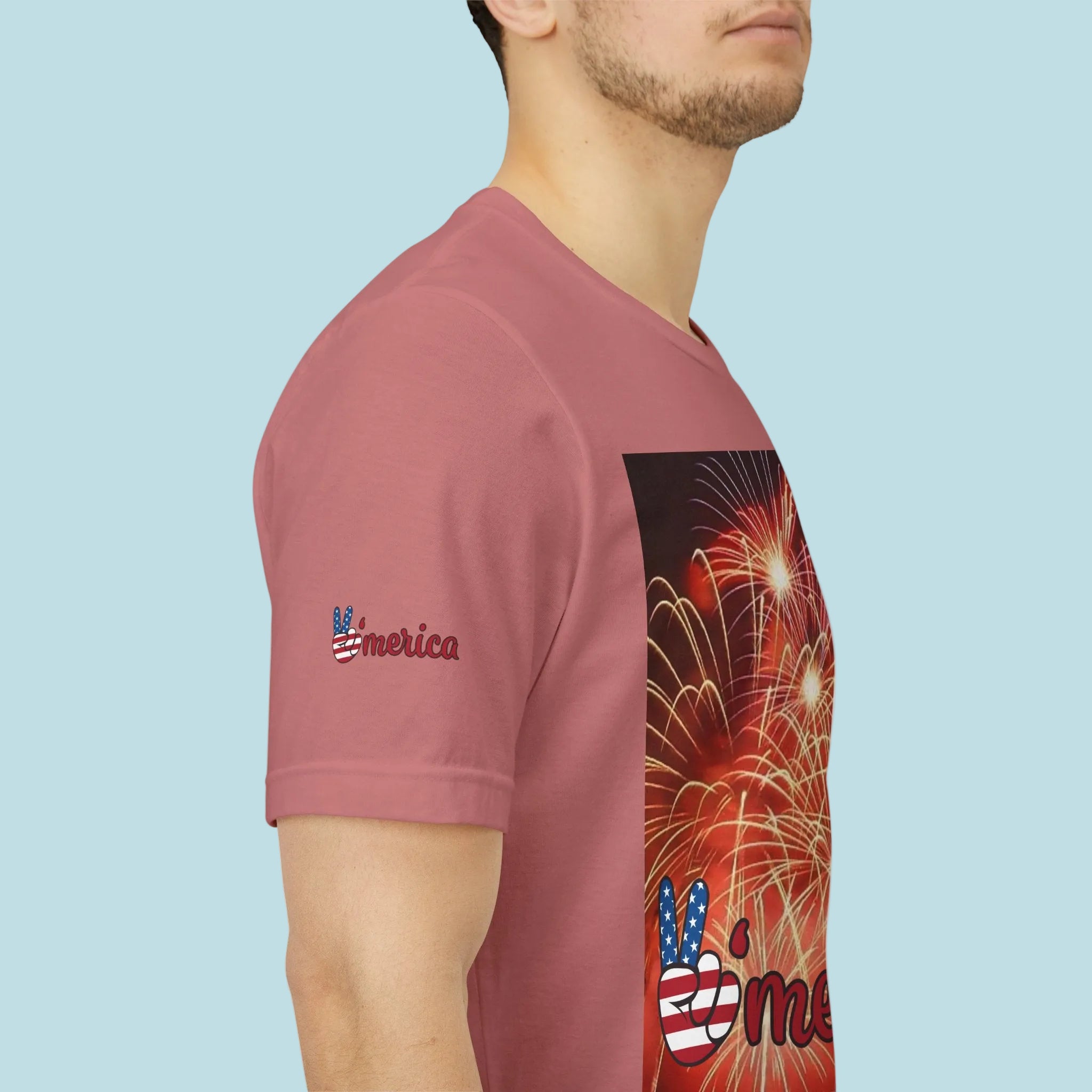 Mauve t-shirt with 'merica' and firework design - 100% cotton