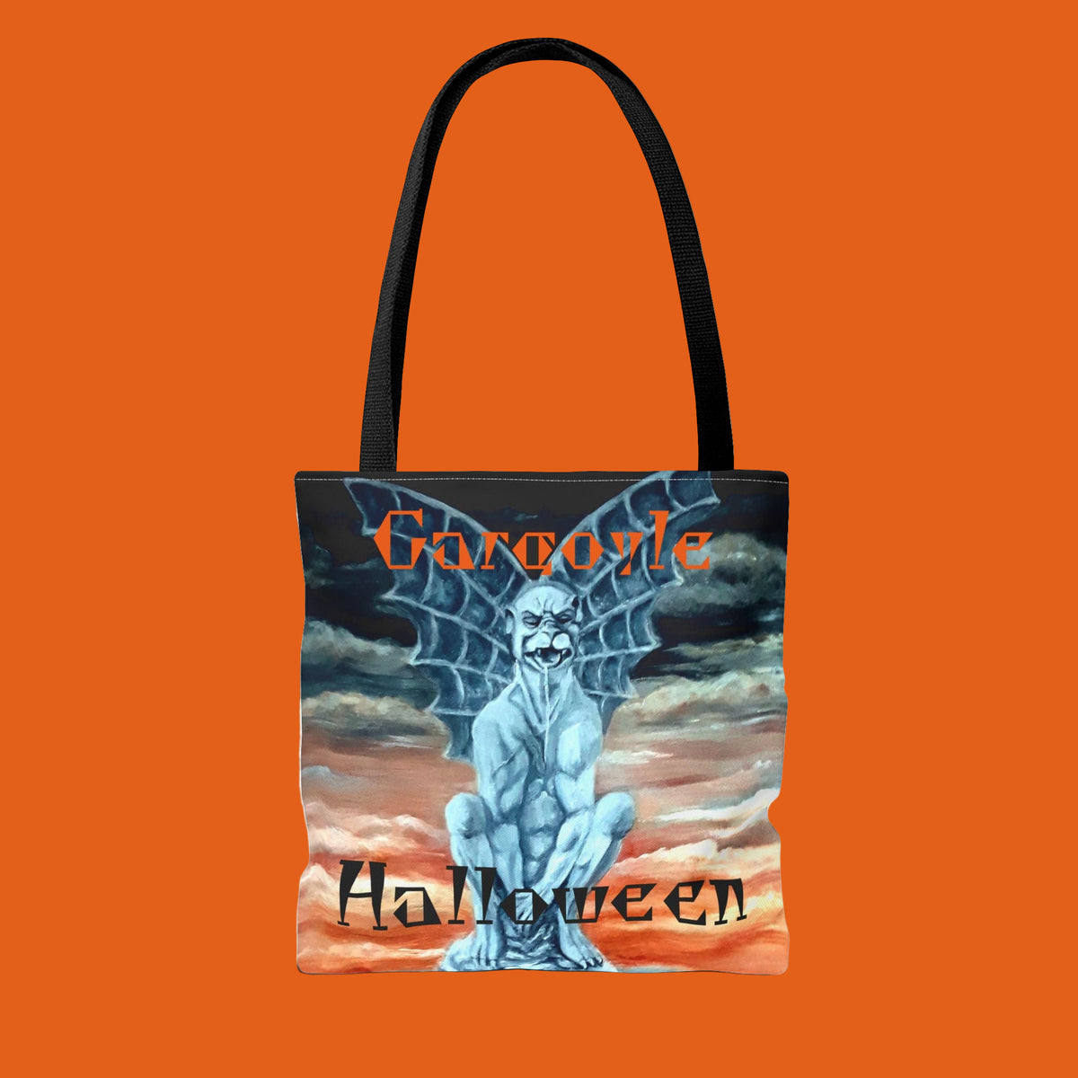 Sturdy Tote bag with a painted gargoyle design and 'Halloween' text