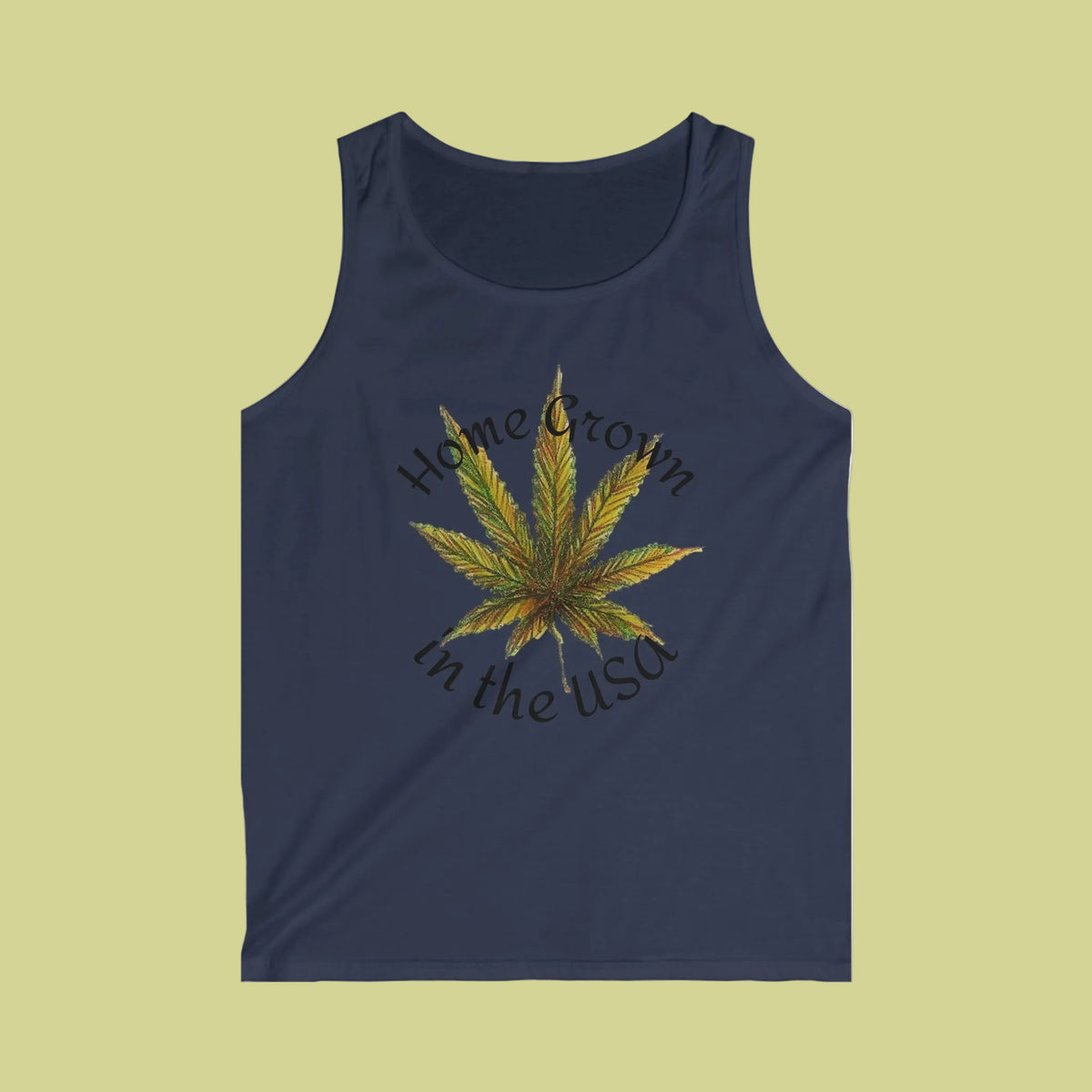 Navy men's tank top in spun cotton with Gold Cannabis leaf and Home Grown in the USA text