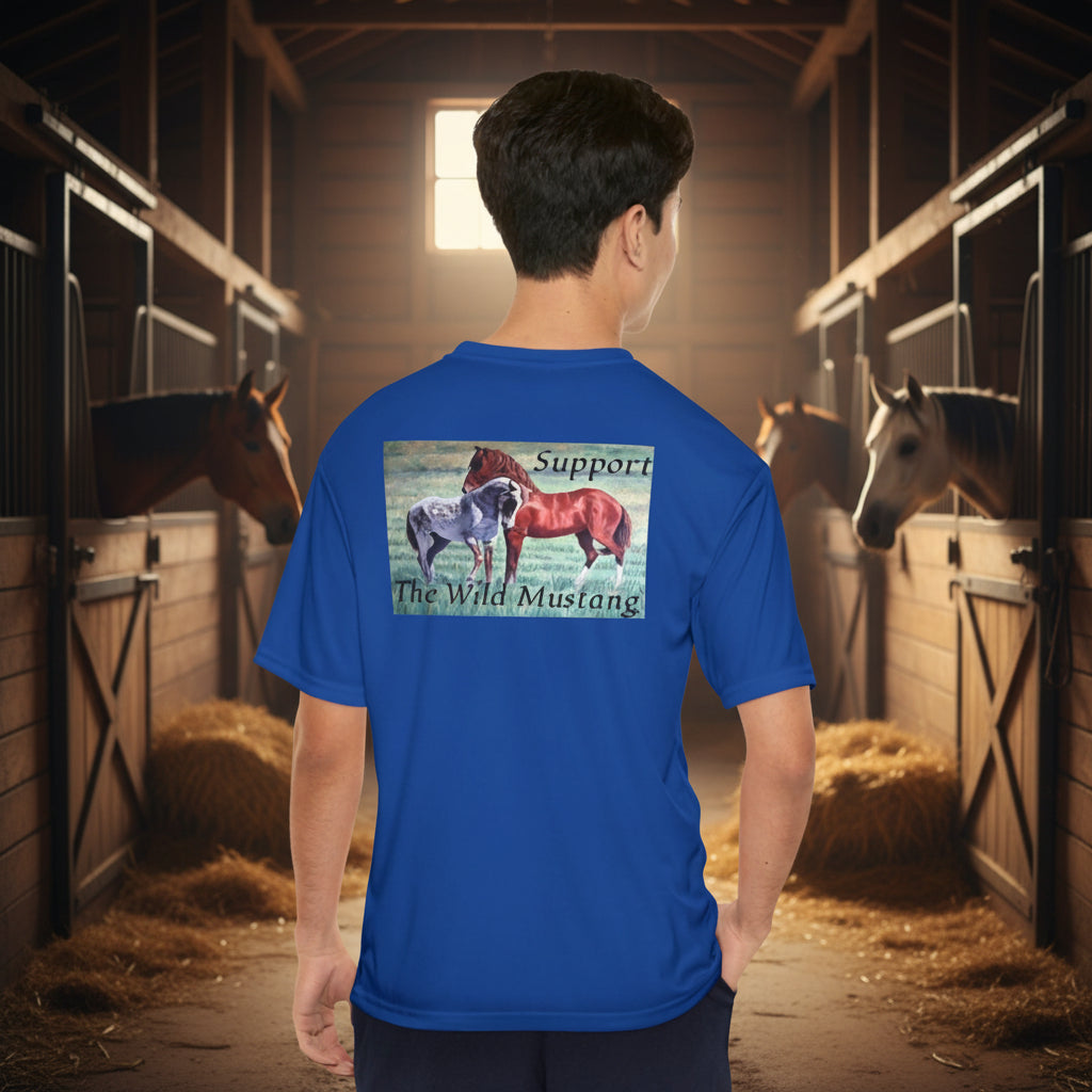 Men's blue short-sleeve t-shirt with a graphic print on the back featuring two wild mustangs and the text 'Support The Wild Mustang'