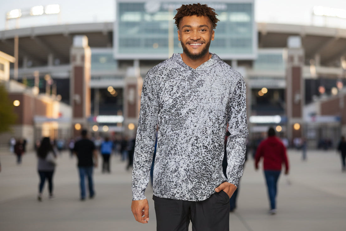 Man wearing an abstract hoodie warm up that is moisture wicking polyester - trendy print