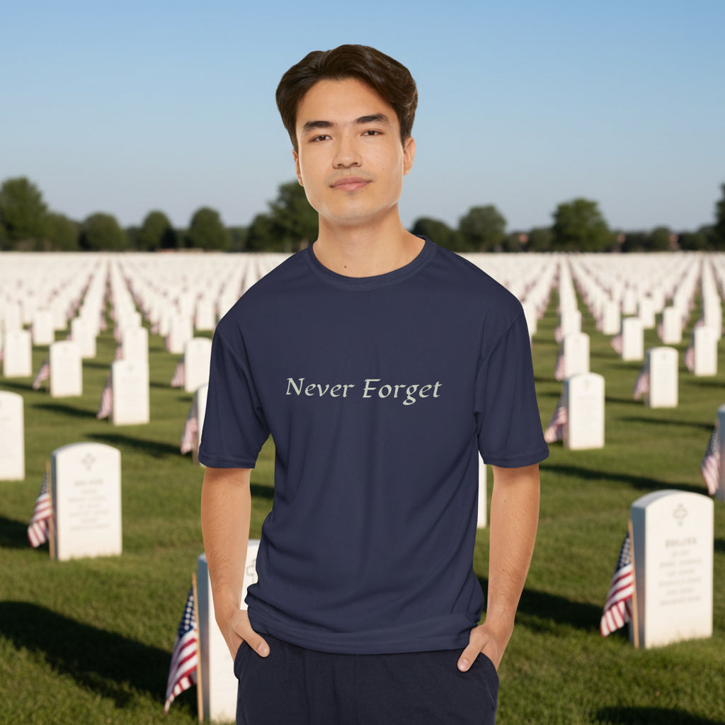 Men's navy t-shirt with 'Never Forget' message giving you a relaxed, comfortable feel. 100% Polyester keeps you dry and cool. 4 colors available