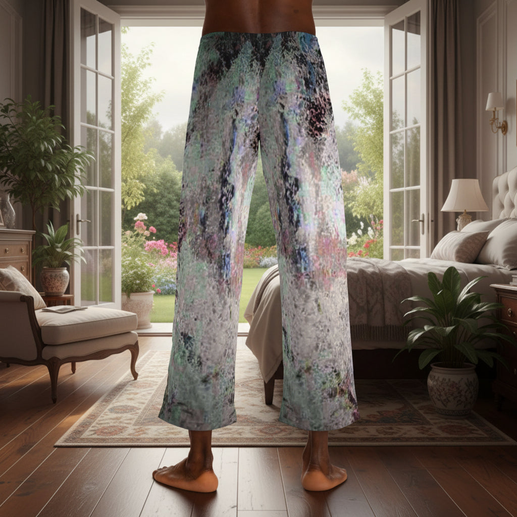 View from behind, men's pajama pants with an abstract watercolor-like print in pale blue, gray, white, and soft pink tones. So comfortable you won't want to change.