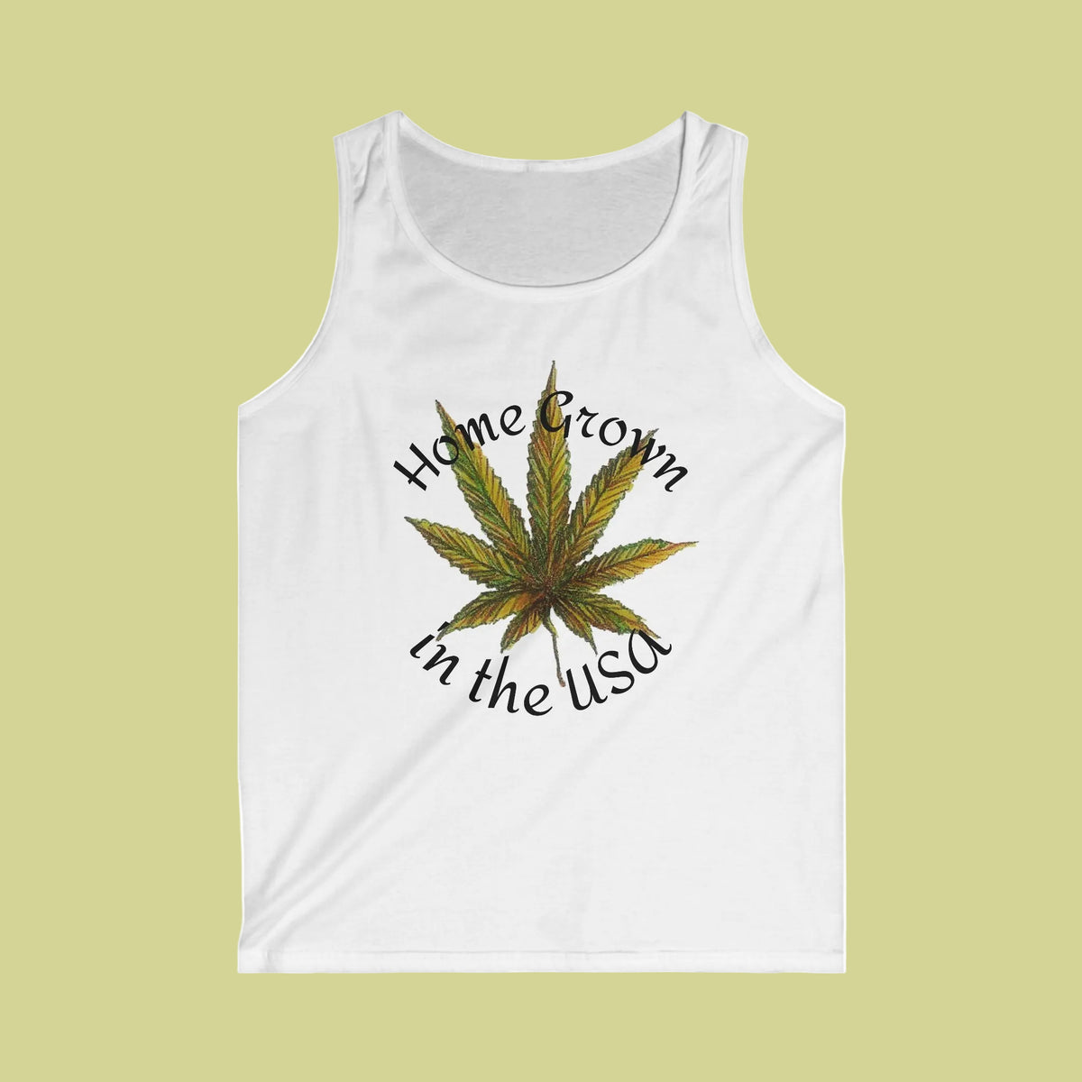 A white sleeveless tank top with a graphic of a green cannabis leaf in the center, surrounded by the text 'Home Grown in the USA' in black script.