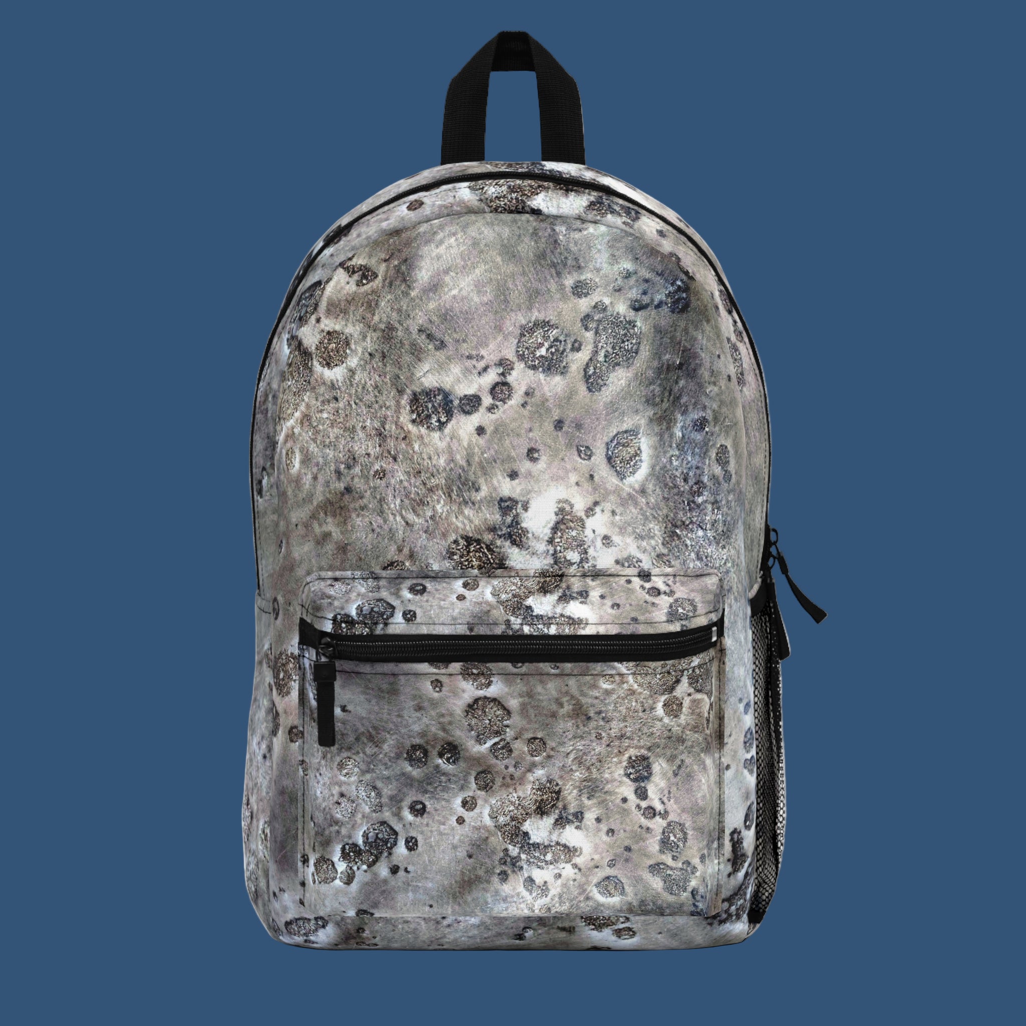 Backpack with a gray and black abstract pattern on a white background