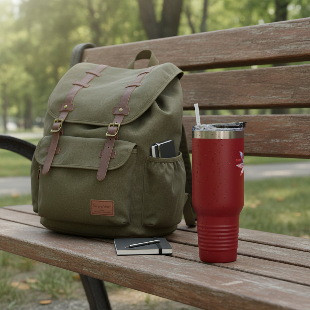 40 oz Red traveler tumbler with spill-proof lid and straw