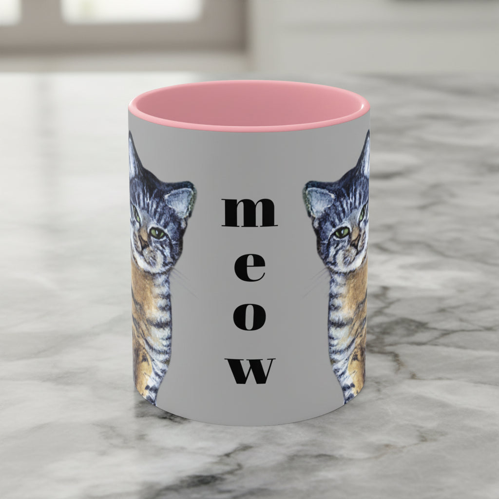Mug with cat painting and 'meow' text on a gray background with C Handle for comfort