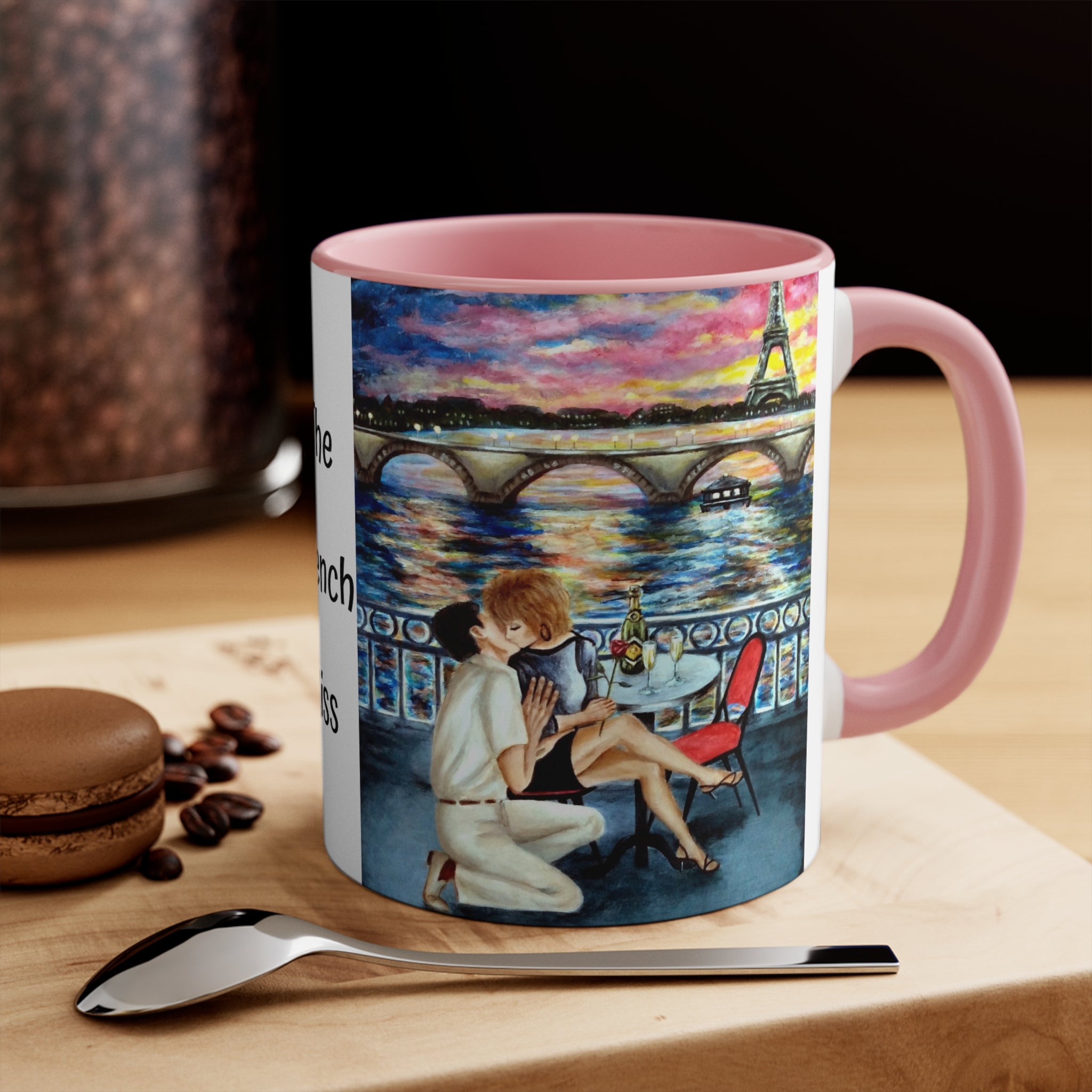 Mug with artist painting of a Parisian Romantic couple and The French Kiss in choice of interior/handle color