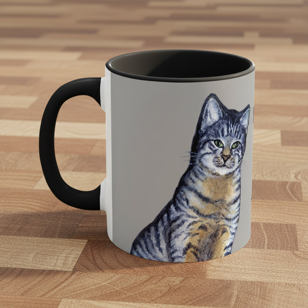 Mug with a tabby cat design on a grey background and large C handle for ease of use