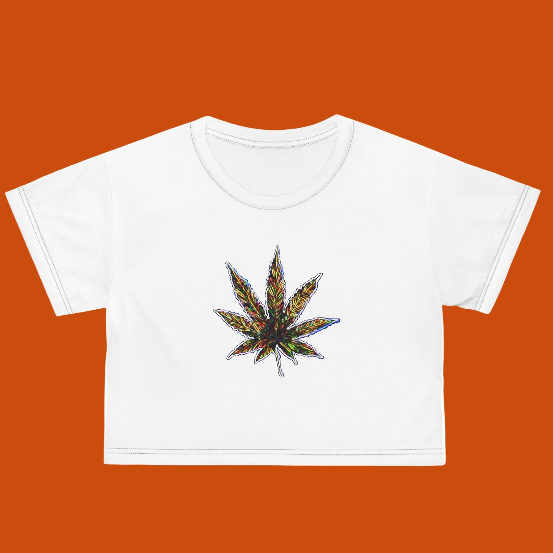 White crop top with a colorful cannabis leaf design - comfortable and lightweight - 100% Polyester