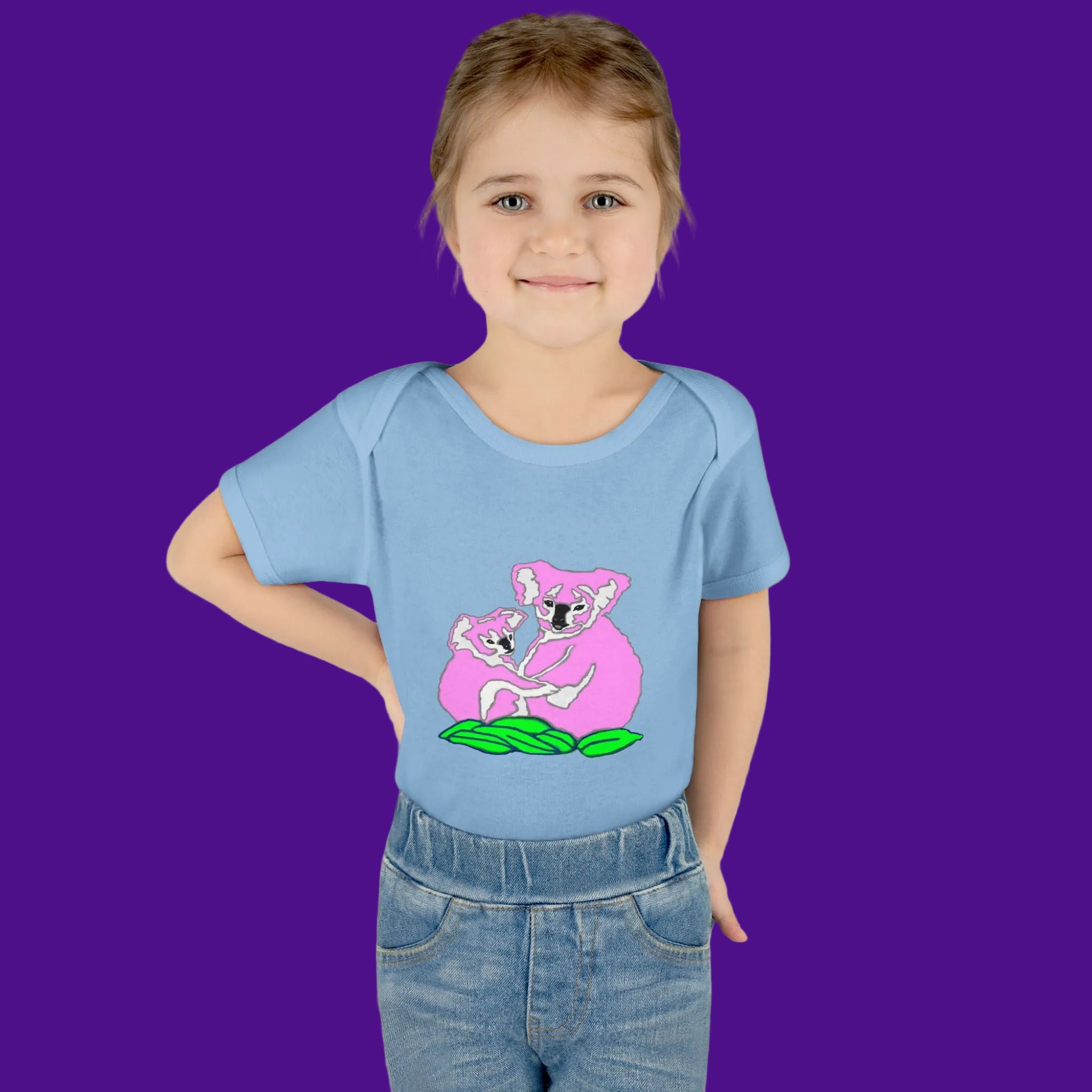 Blue Onesie up to 24 mos. with pink koalas - available in 3 colors