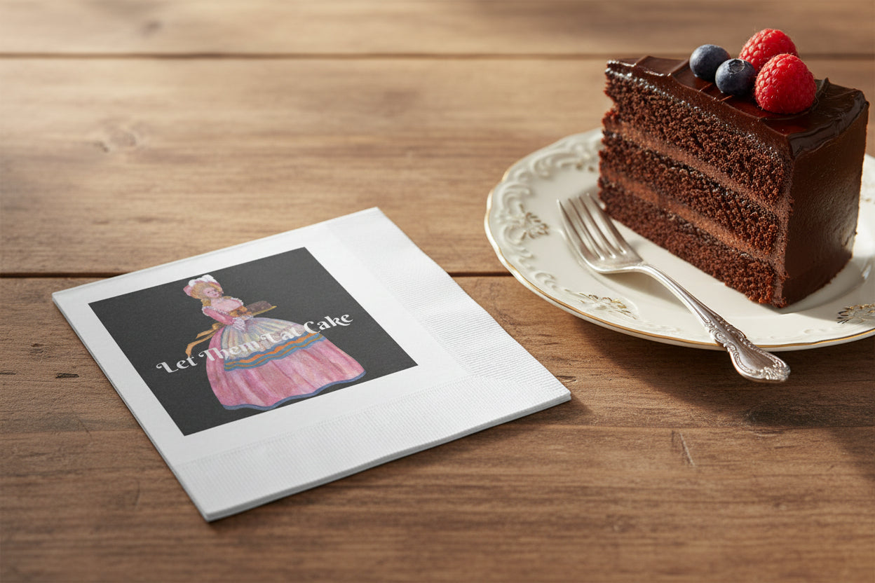 Napkin in Elegant Vintage Illustration 'Let Them Eat Cake' 4.8 x 4.8 and 6.5 x 6.5