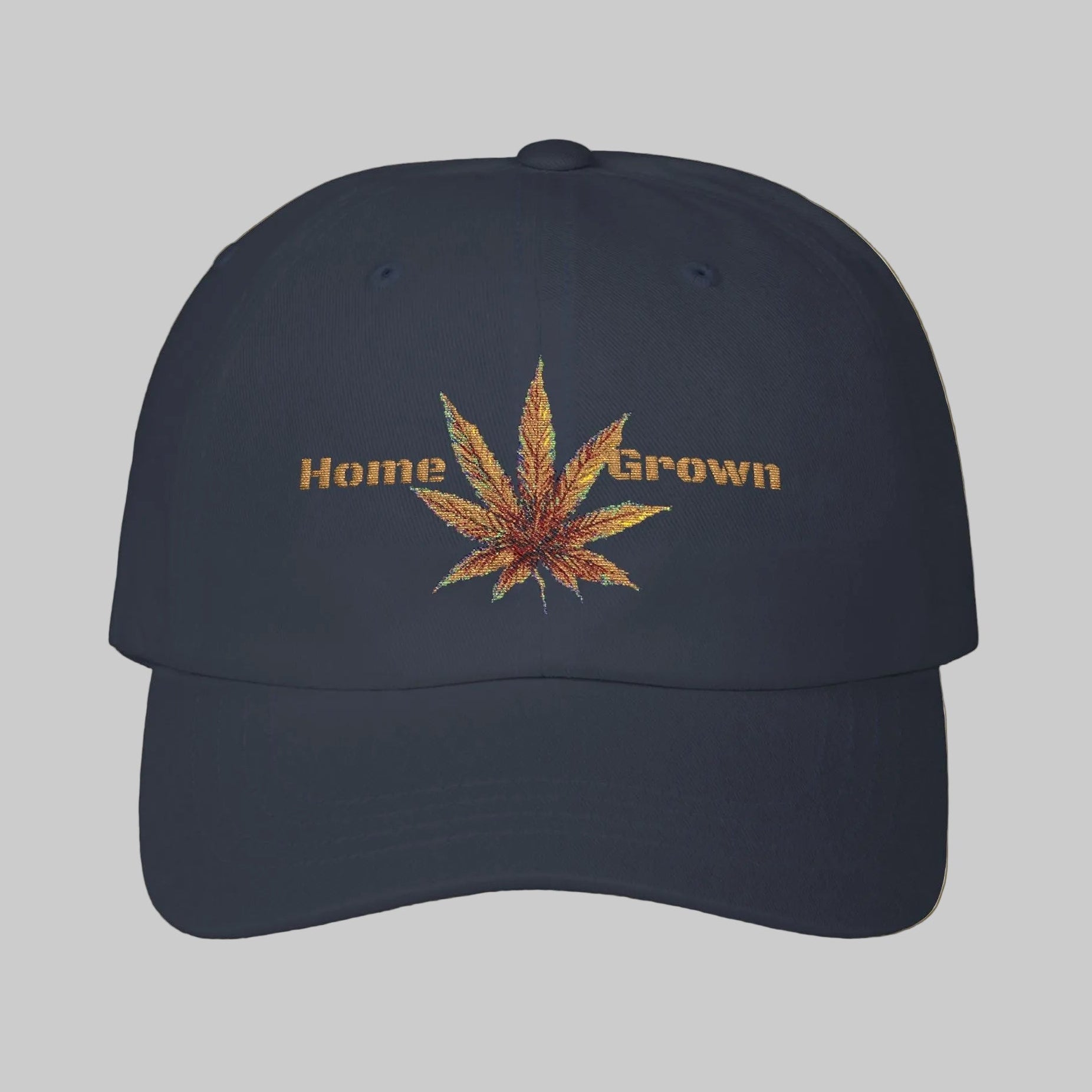 Navy blue dad's cap with textured look cannabis leaf and 'Home Grown' text