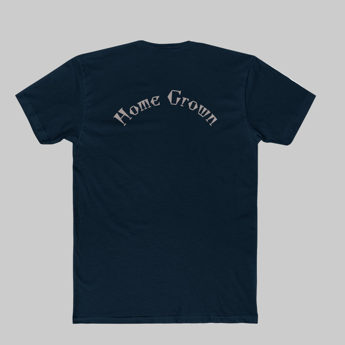 Navy blue t-shirt with 'Home Grown' text on the back