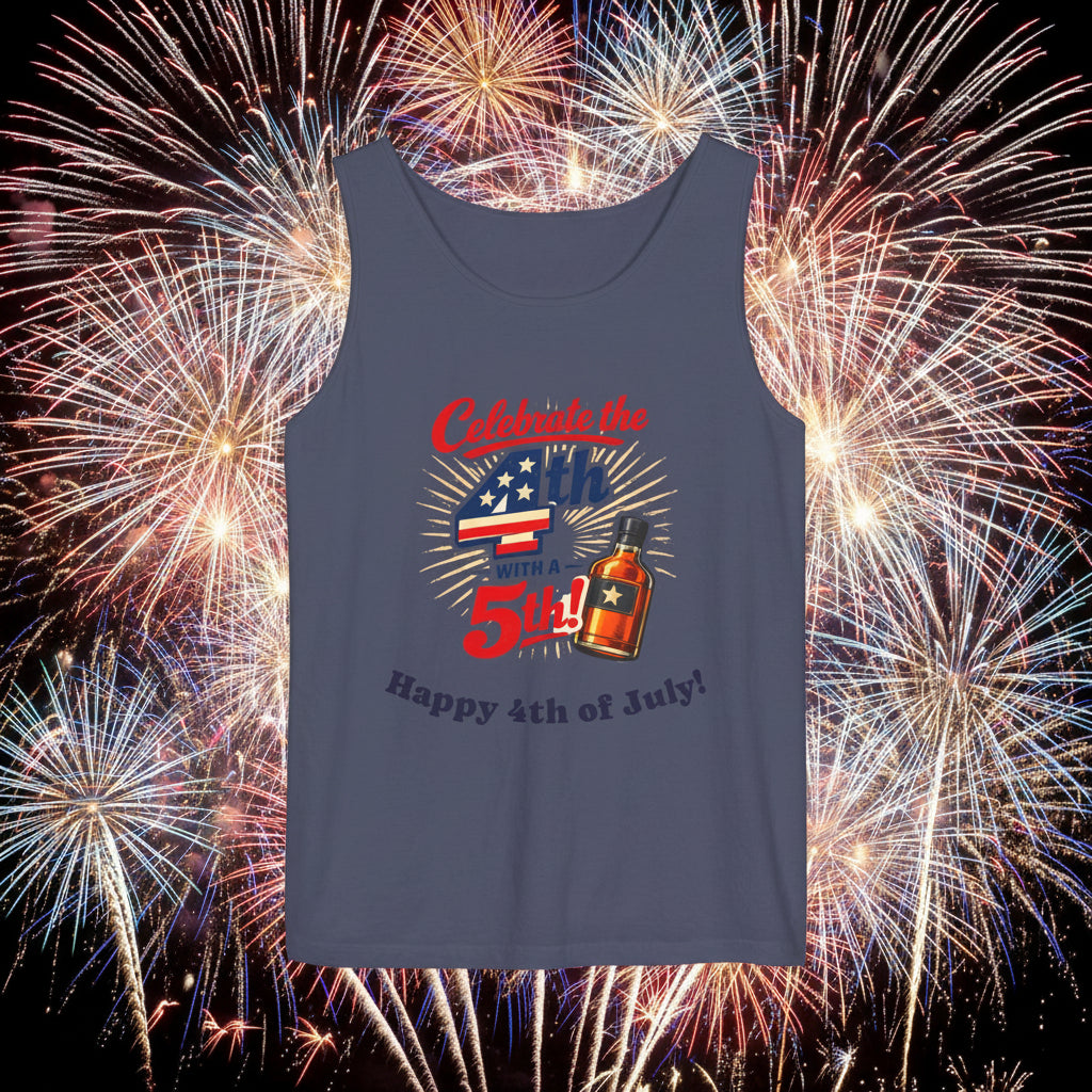 Navy tank top with 4th of July design featuring an American flag and bottle graphic