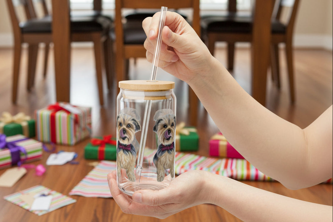 Gift this Adorable Glass Yorkie Sipper wooden bamboo lid and straw to a Special Someone who loves pets and beverages they can carry with them.