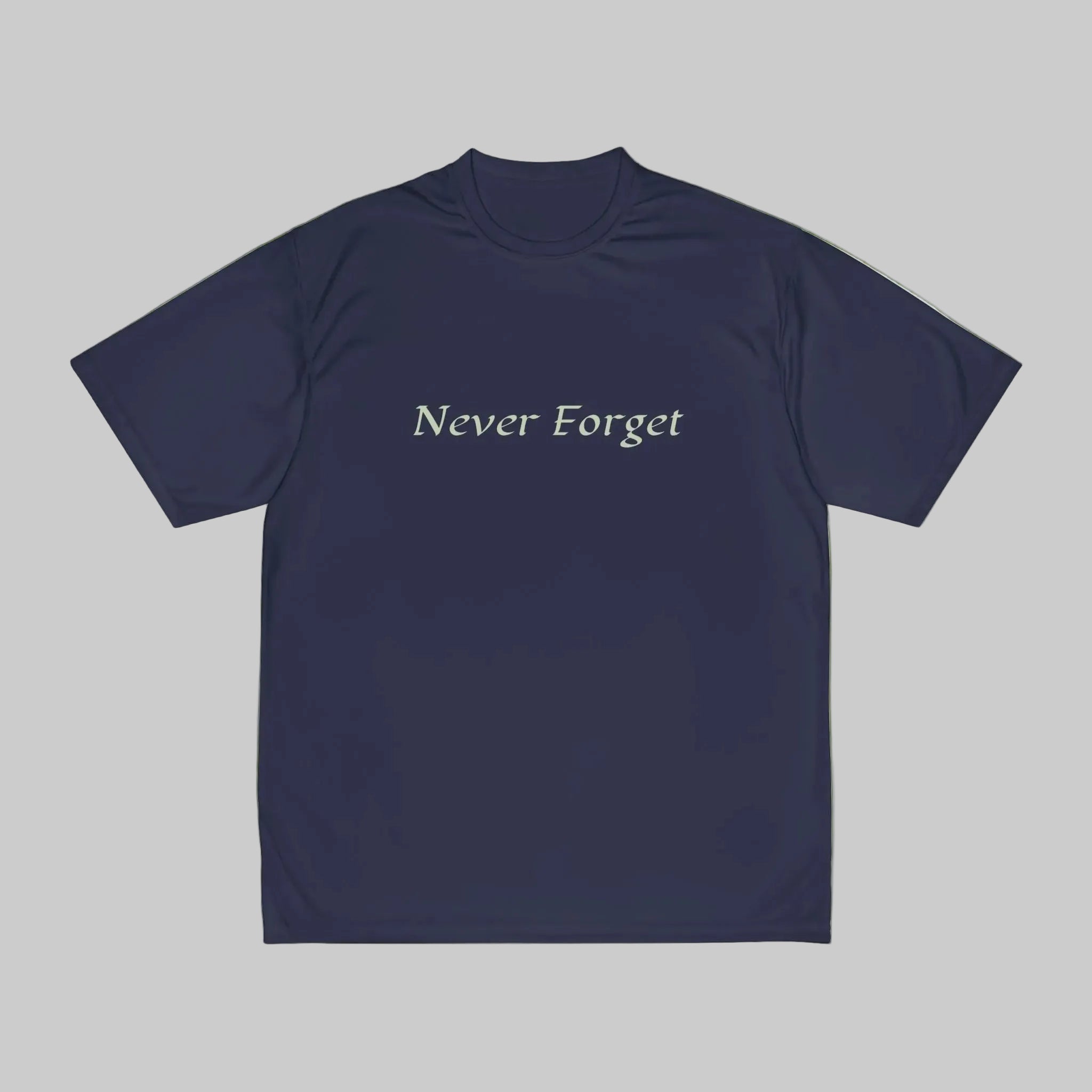 Navy blue t-shirt with 'Never Forget' text on a green background