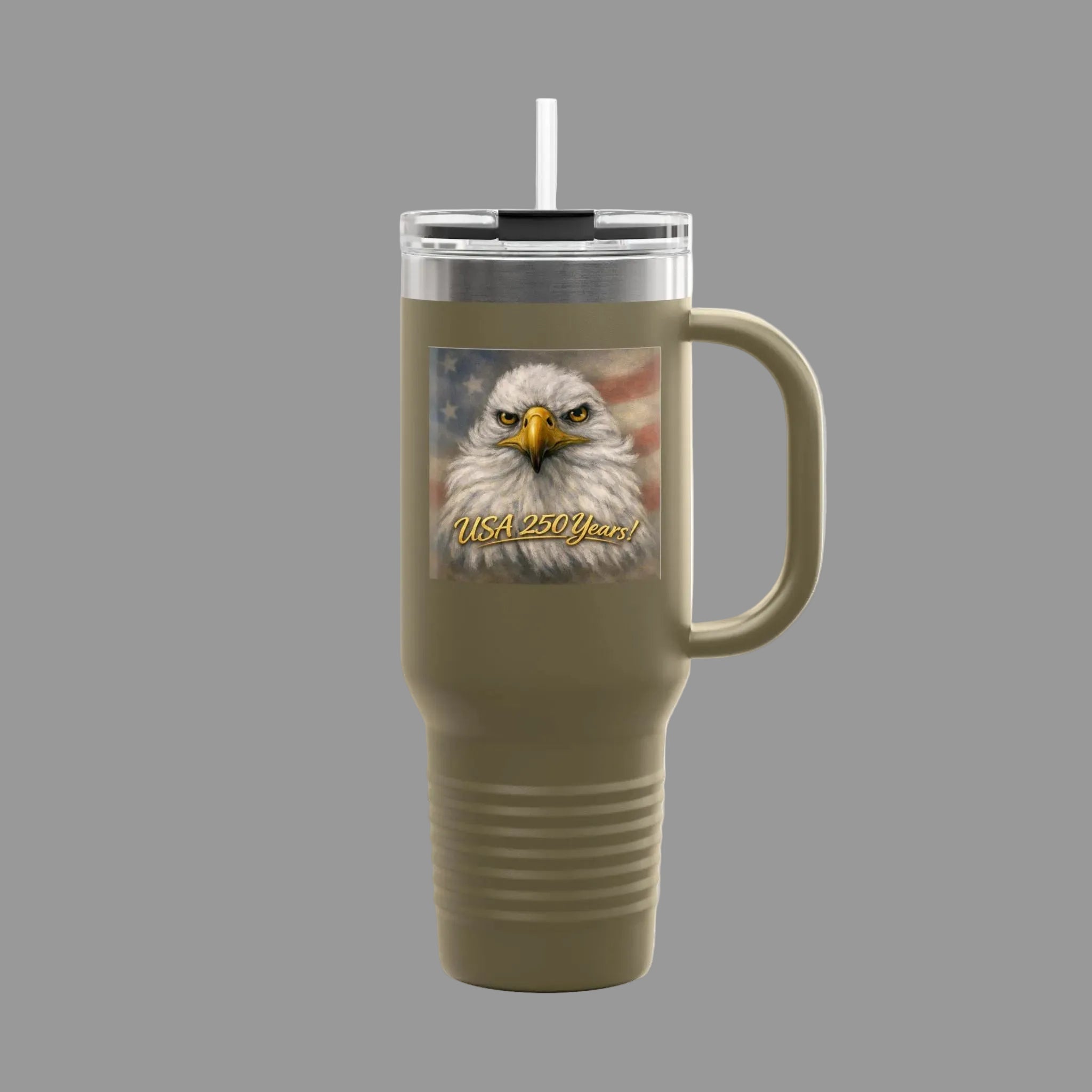 Olive Green travel mug with a painted bald eagle and flag