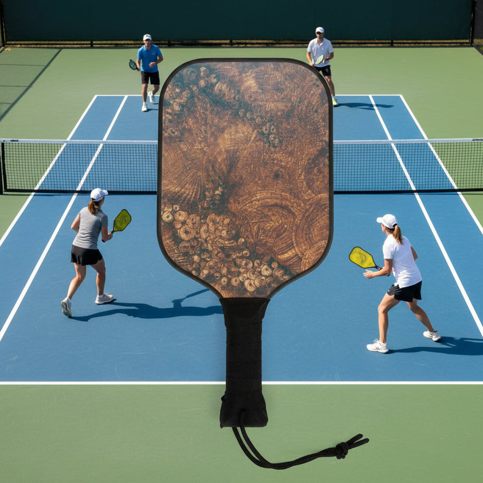 Wooden pickleball paddle with a black comfortable handle on a pickleball court