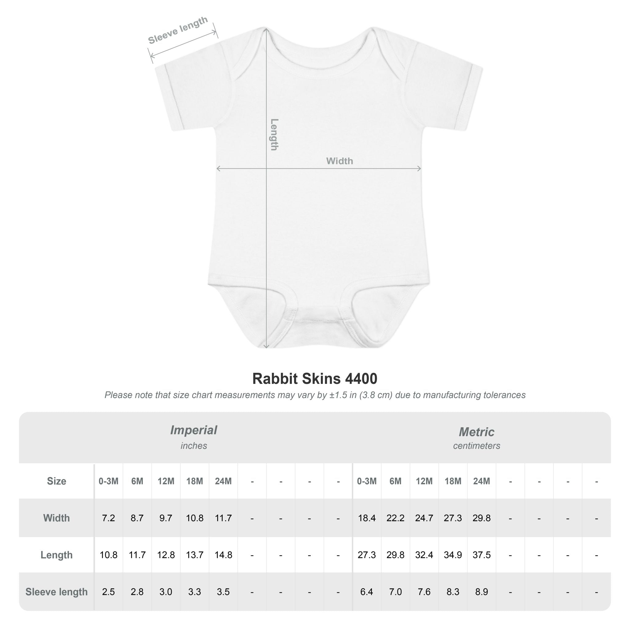 Baby Onesie's size chart 0-3mos-24mos