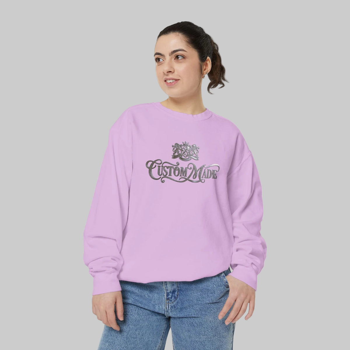Orchid sweatshirt with text graphic in silver, CUSTOM MADE