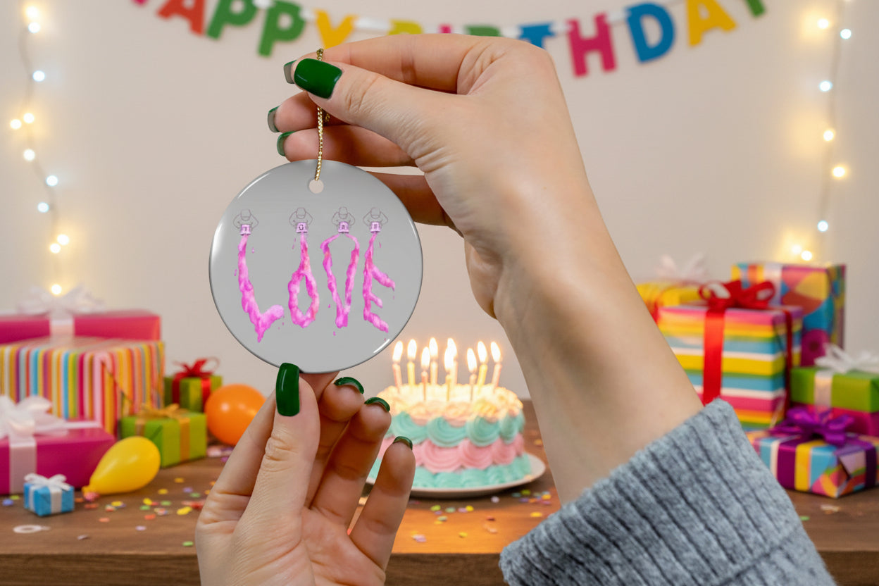 An ornament with 'LOVE' written on it for an occasion to show how you feel