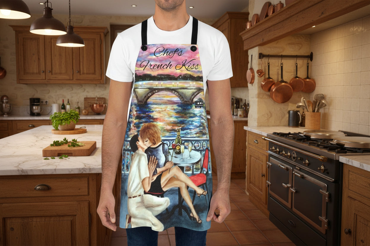 Person wearing a colorful apron with a romantic Parisian scene of a 'French Kiss'