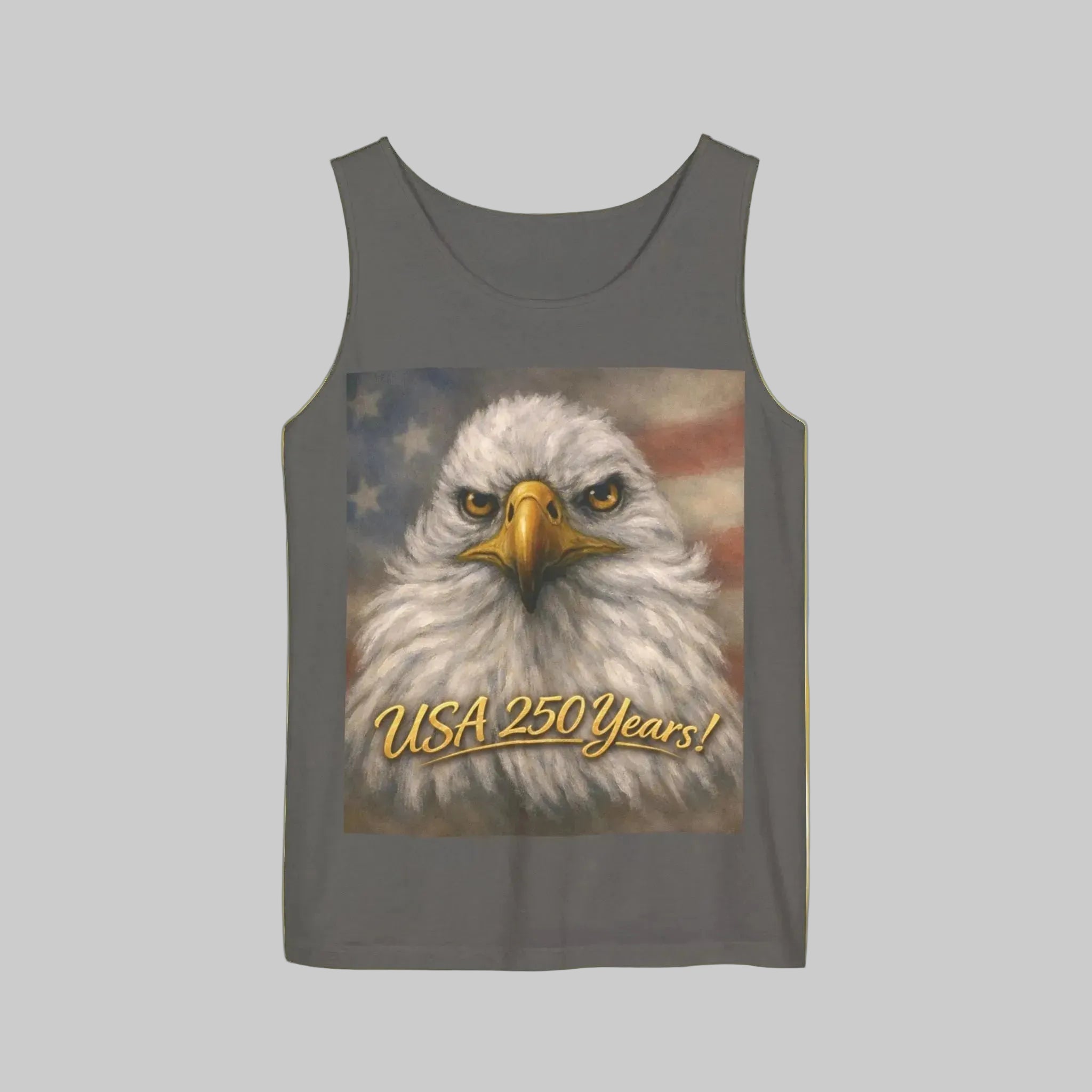 Pepper colored tank top with an eagle design and 'USA 250 Years!'