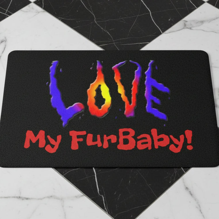 Black mat with colorful 'LOVE' and red 'My FurBaby!'