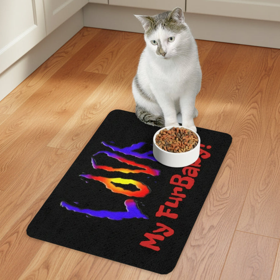 Black Pet Food Mat with Vivid Unique Colorful LOVE My FurBaby - nonslip
