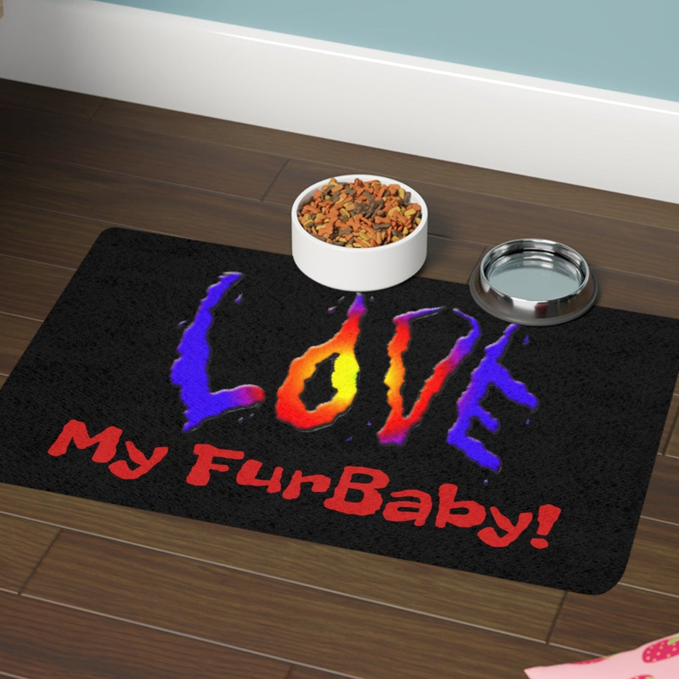 Black mat with colorful text 'LOVE My FurBaby!' 12" x 18"