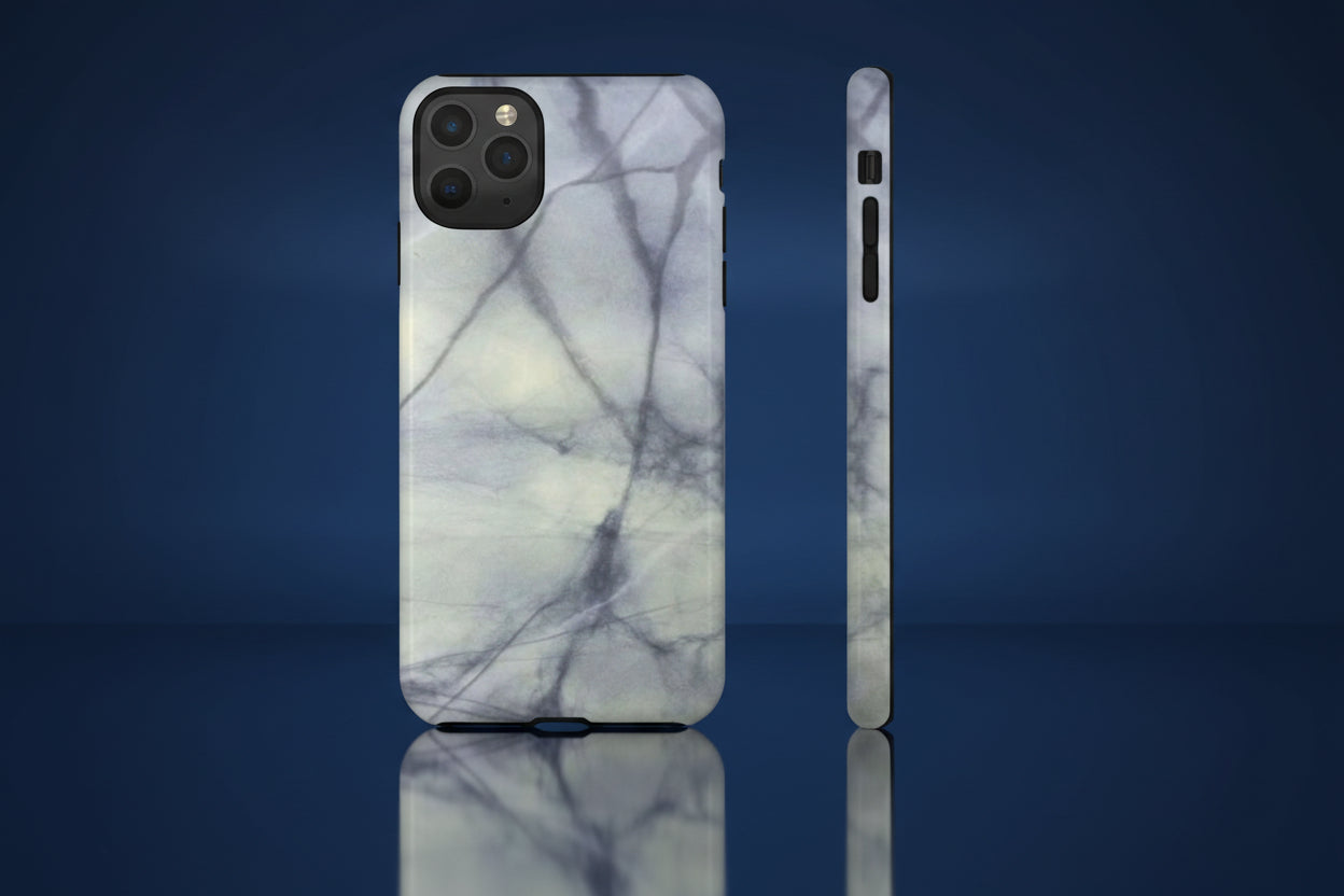 Phone case in impressive grey marble design with shock absorbing dual layer shell and UV resistance in 3D wrap