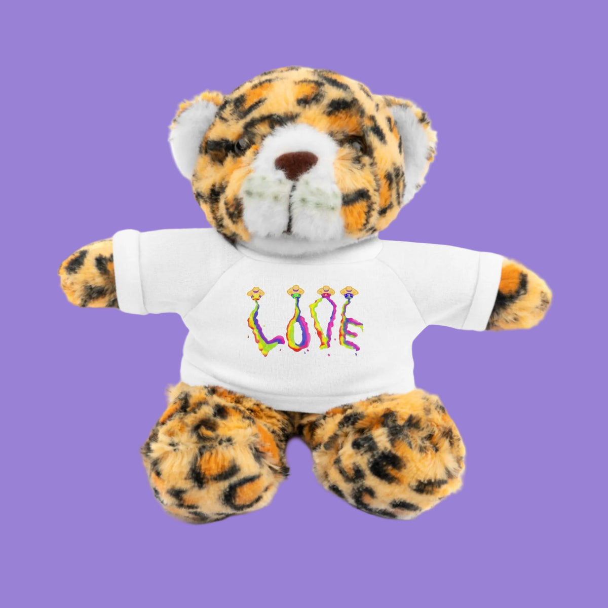 A plush jaguar wearing a white short-sleeve T-shirt with the word 'LOVE' printed across the chest in colorful gradient letters