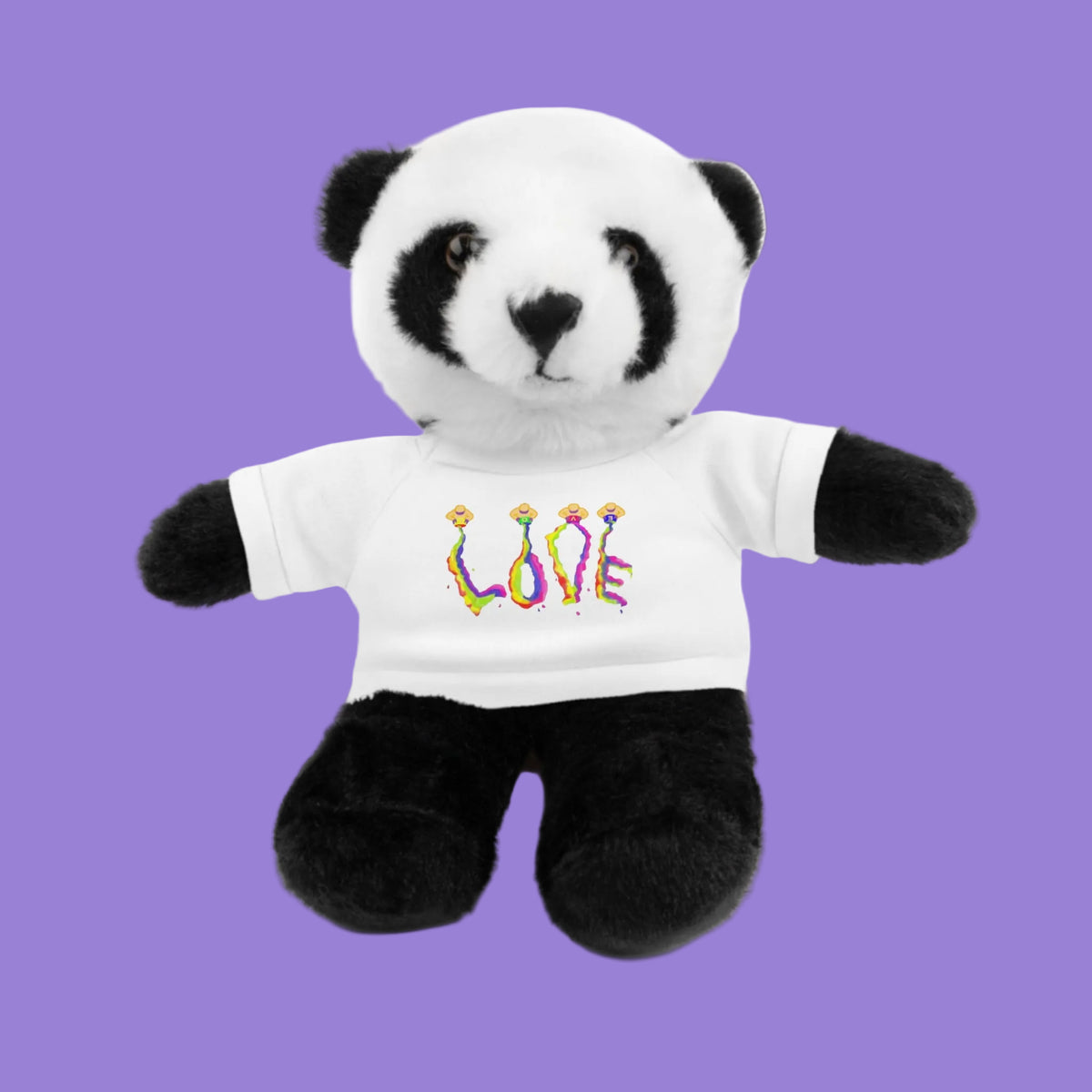 Plush panda bear wearing a white t-shirt with a Love graphic