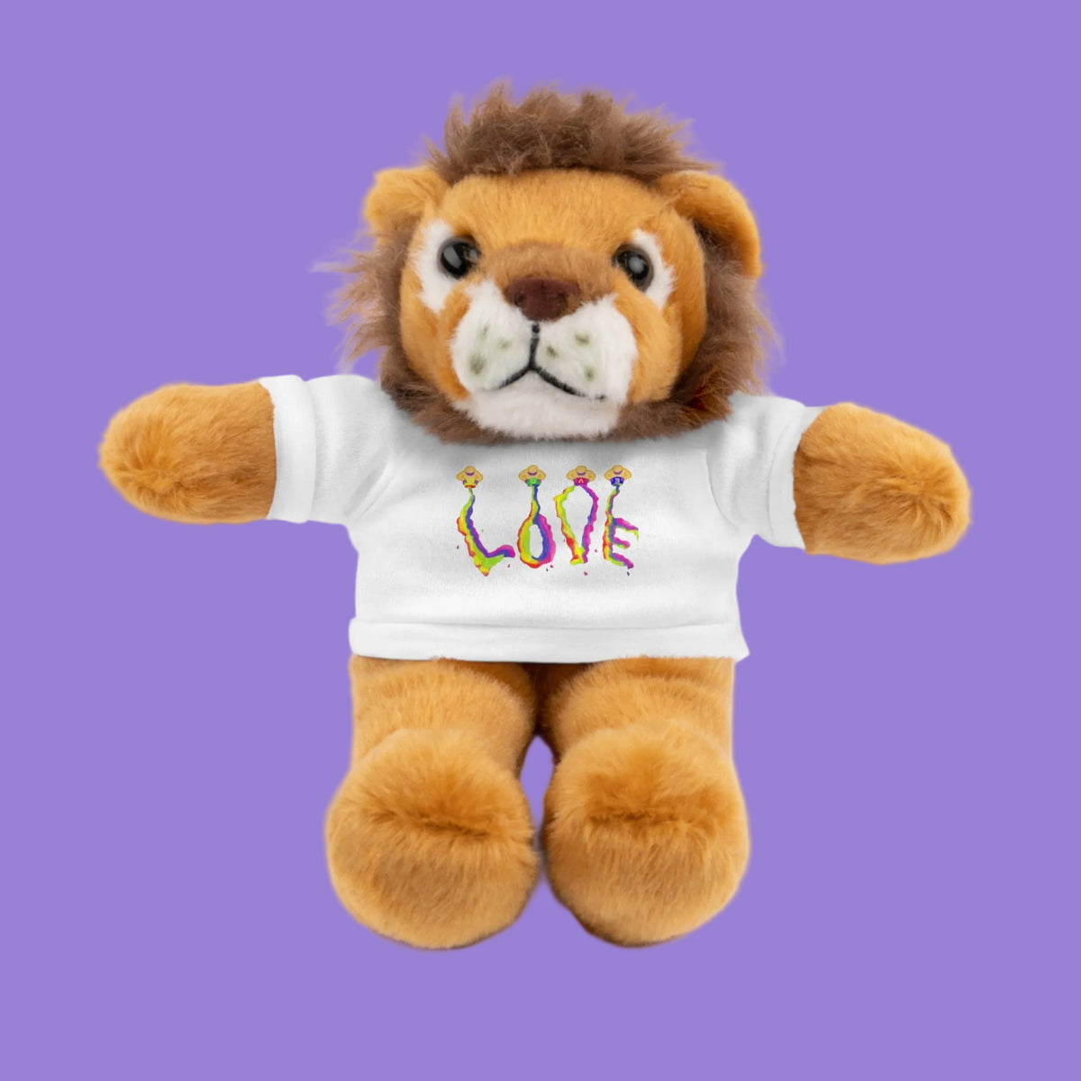 Plush lion toy wearing a white t-shirt with LOVE message design
