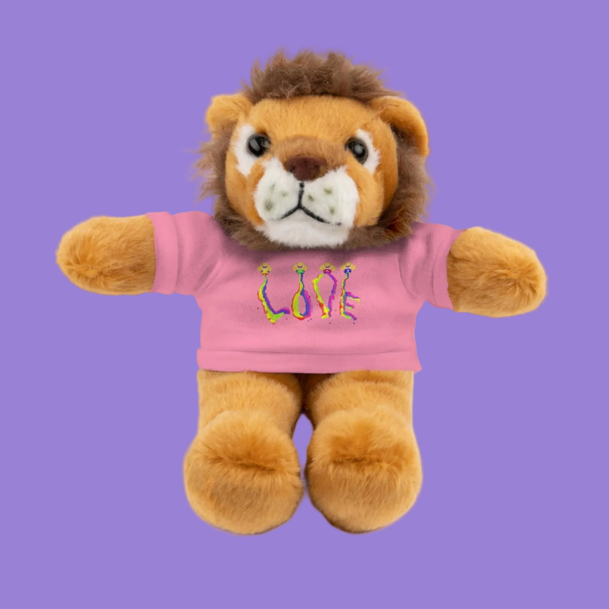 Plush lion toy wearing a pink shirt with a LOVE graphic
