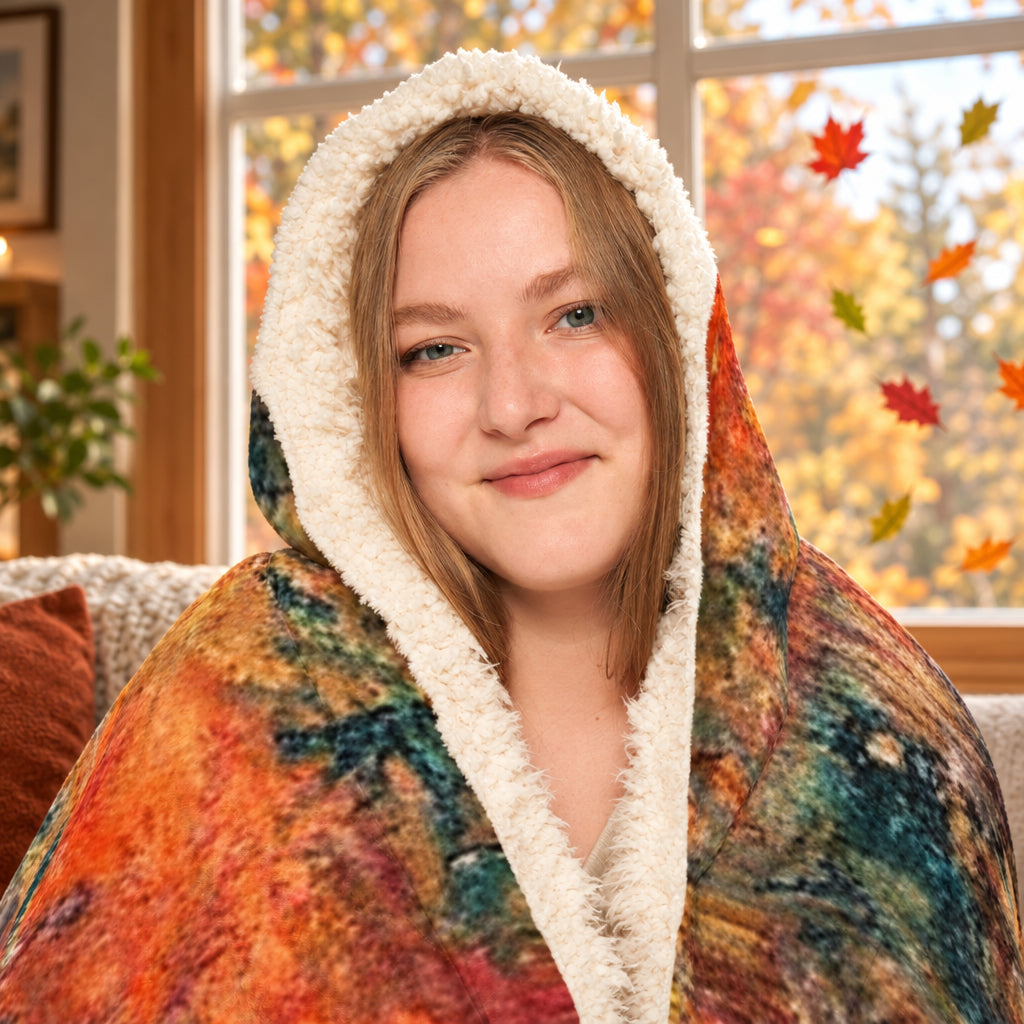 Hooded blanket featuring a vibrant, multicolored artist fall landscape print in orange, red, green, and blue, with a thick cream sherpa lining the hood.