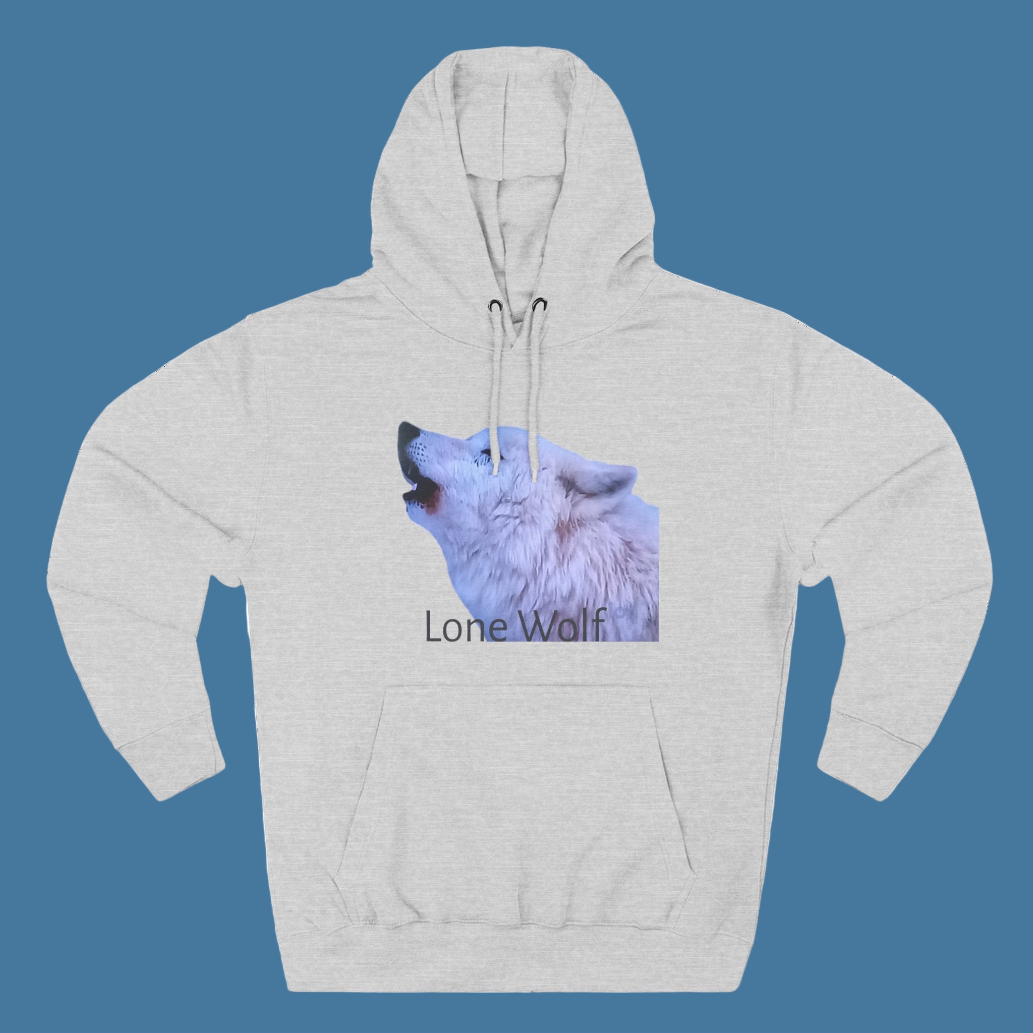 Gray hoodie with a wolf graphic and 'Lone Wolf' text on a blue background