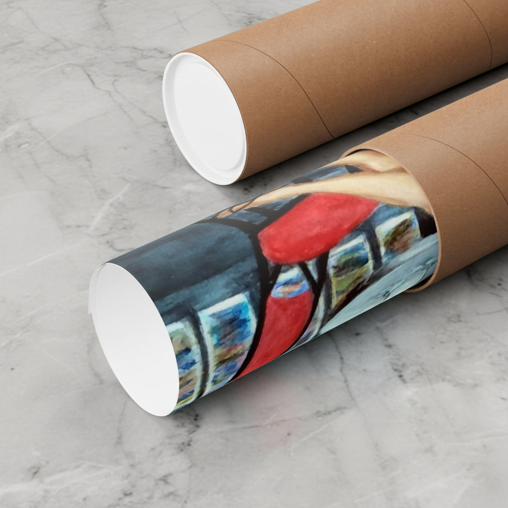 Two brown kraft paper poster tubes, one partially opened to reveal a colorful art print inside with red, blue, black, and beige tones