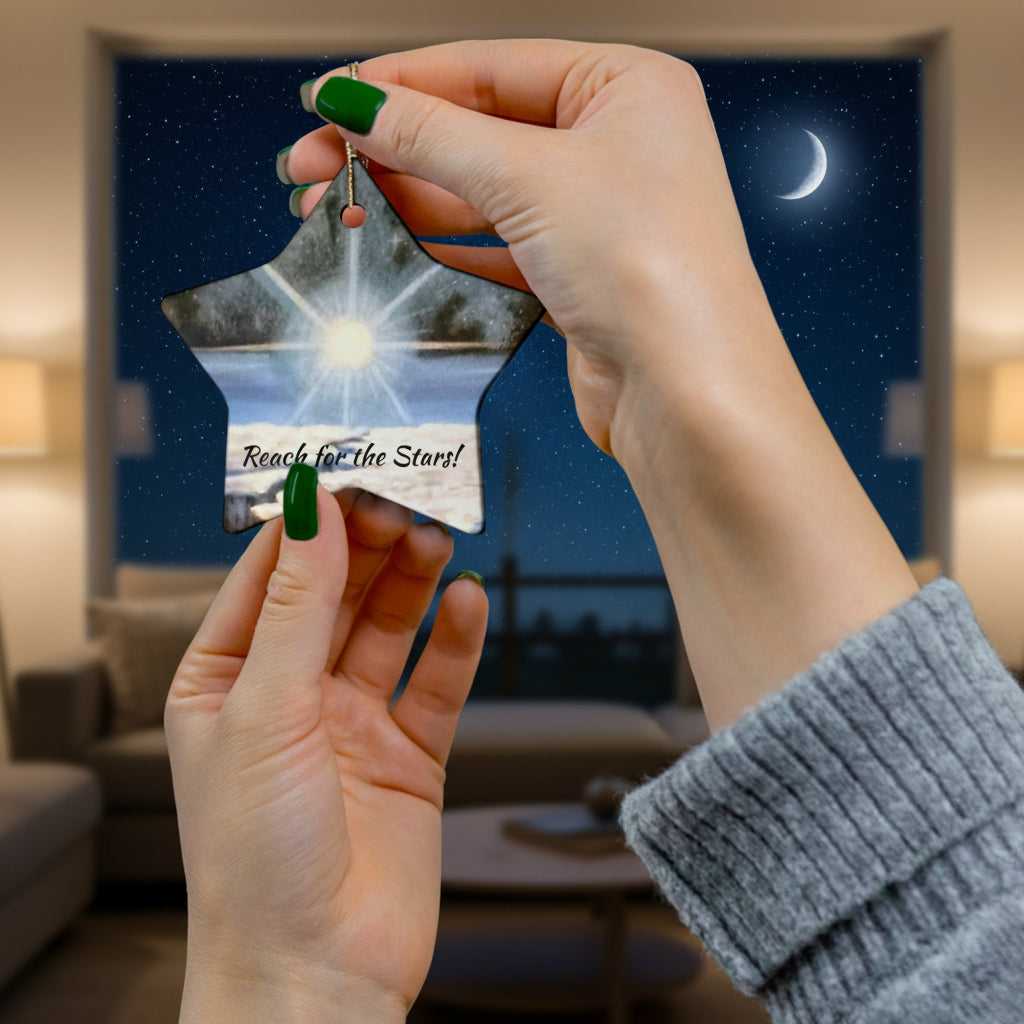 Star-shaped ornament with 'Reach for the Stars!' great for graduation or any achievement gift