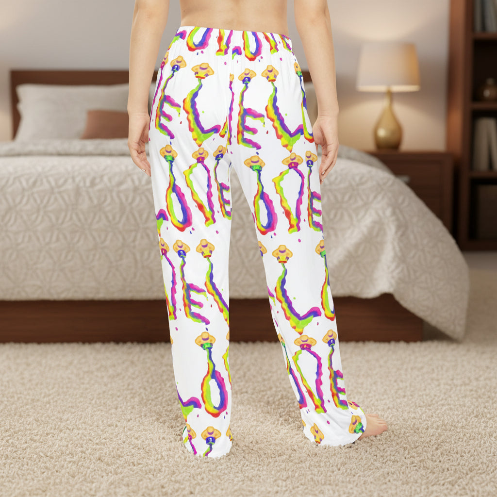 White lounge pants with a colorful LOVE 100% brushed polyester Sizes: SX-4XL