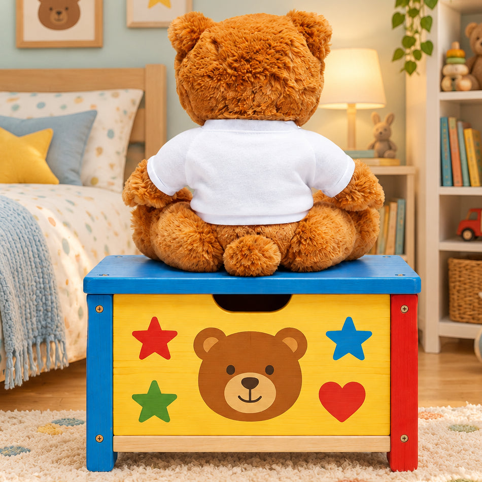 rear view of plush teddy bear in white tee