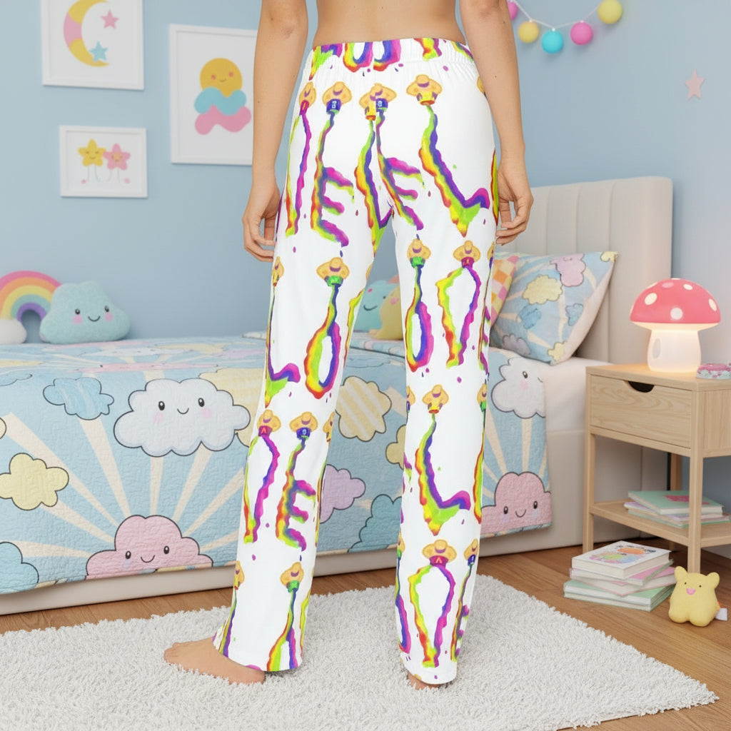 Colorful Love kids PJs worn by a young girl in her bedroom