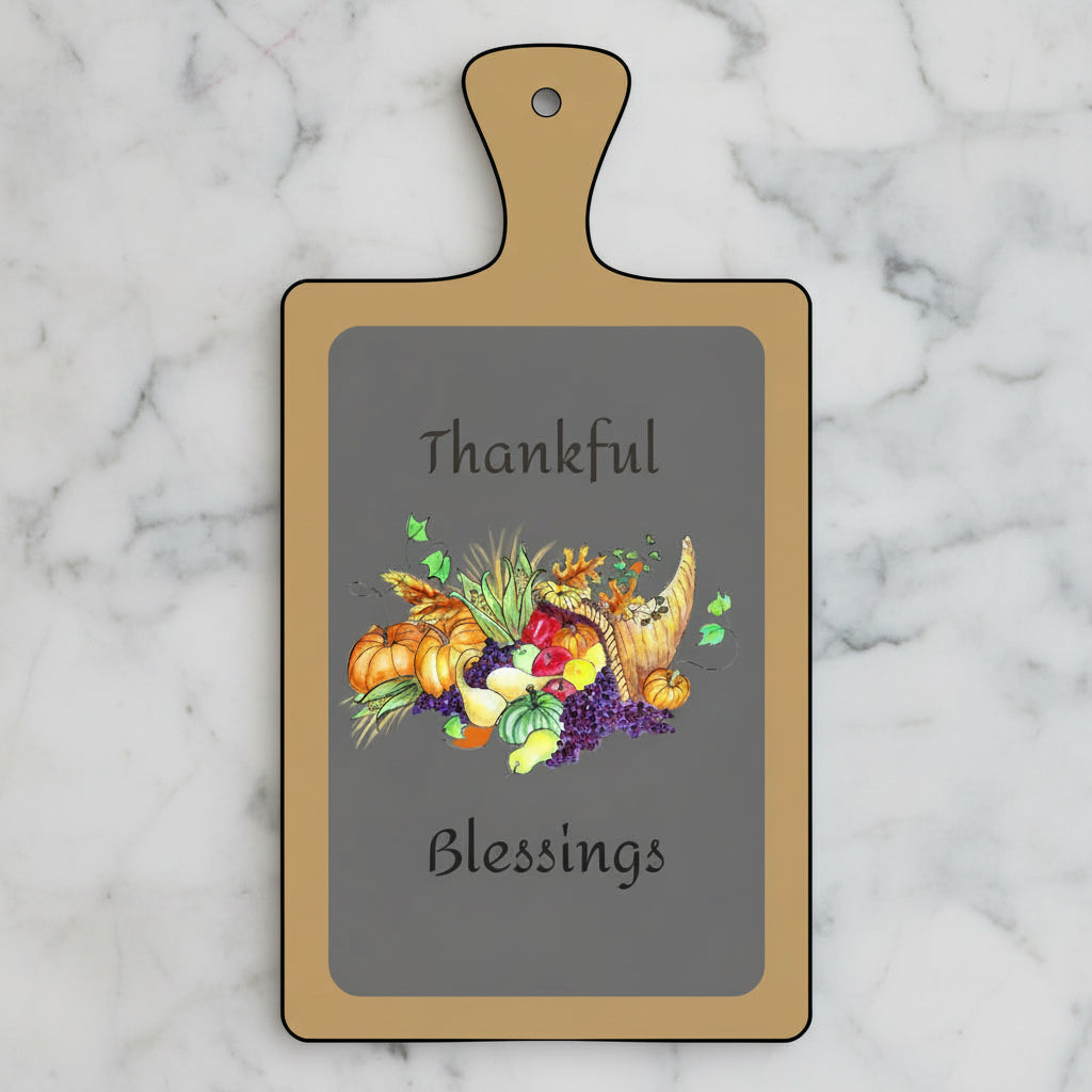 Charcuterie board with 'Thankful Blessings' text and Cornucopia design on a orange background