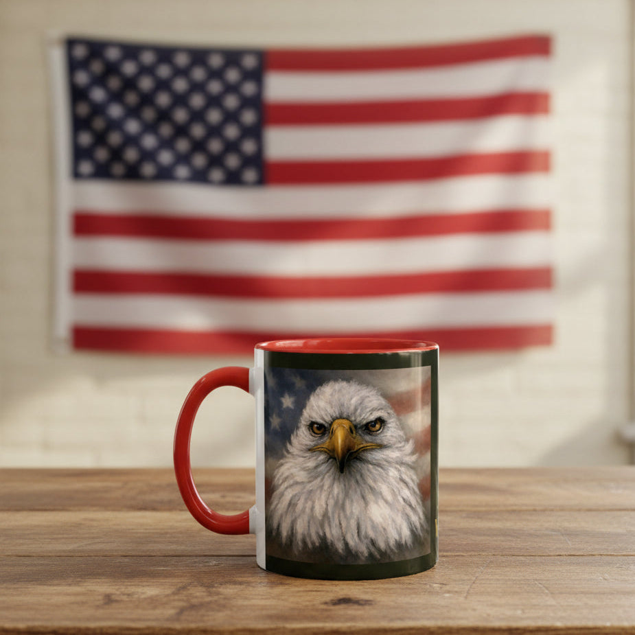 11oz/15oz Mug with an eagle and flag design with red accents