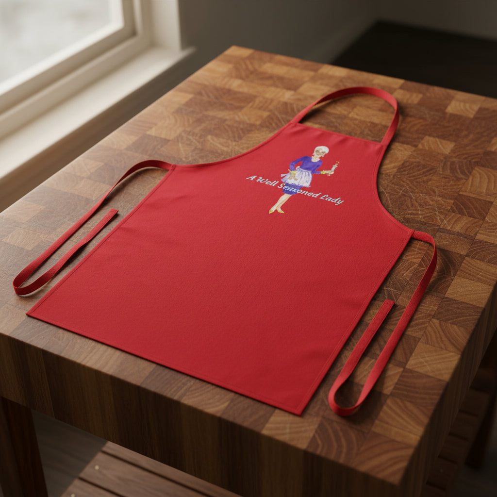Red apron with a fun illustration and text - makes a great hostess gift
