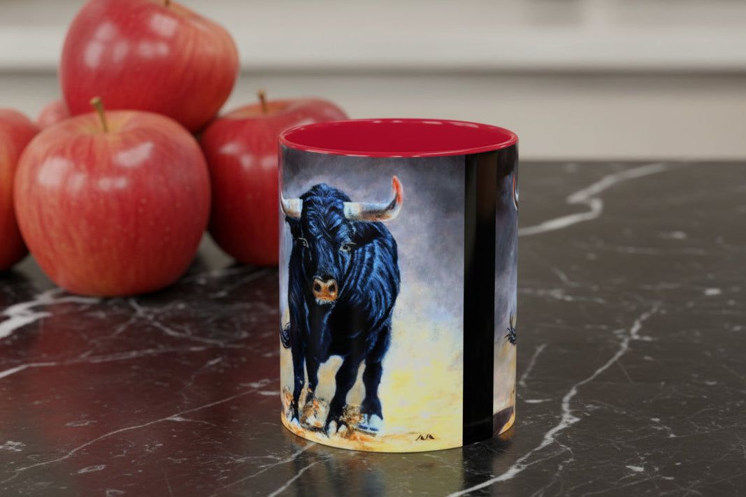 Mug with bull painting on two sides with red interior and handle - choose from 4 colors
